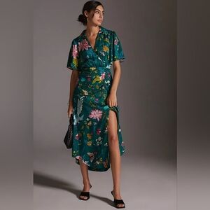 Maeve Buttonfront Shirt Dress Anthropologie Green Teal Tropical Floral Size 4